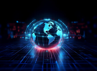 A glowing digital globe, encased in a futuristic interface, sits atop a grid, symbolizing global connectivity and technological advancement.  The vibrant blue and red hues emphasize the energy and pow