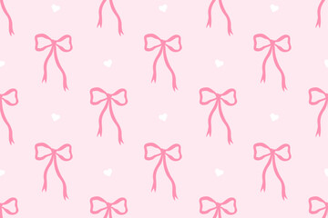 Seamless pattern bows with little hearts in flat style. Cute trendy design. Pink bows. Ballet-core, coquette-core background. Illustration for textiles, prints, covers, phone cases, wallpapers