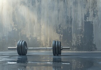Dumbbells on Gray Concrete Floor in Gym, metal weight equipment, copy space, soft lighting, shadow effects, minimalist design