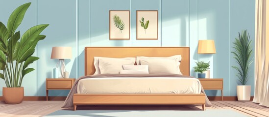 Obraz premium Sunlit bedroom with wooden bed, plants, and minimalist decor.