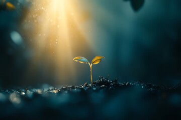 Obraz premium a seed sprouting from the ground, warm ray of light