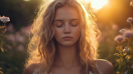 Young woman in dreamy golden hour portrait. Ideal for natural beauty, artistic fashion, and ethereal mood