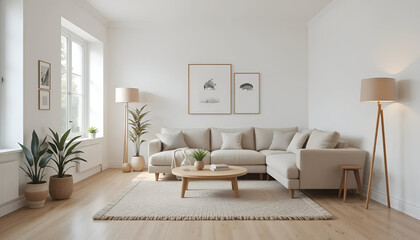 Fototapeta premium Bright minimalist living room interior with stylish furniture and natural decor.