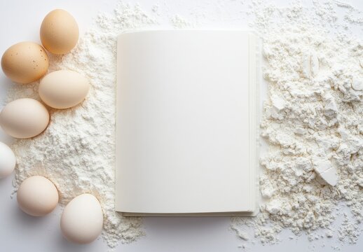 Blank Recipe Book Page, Open cookbook with empty space, flour and eggs scattered, inviting culinary creativity, clean white background