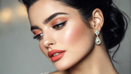 Fototapeta premium Portrait of a beautiful woman. Glamorous woman, model of female face. Young with makeup, bright lips. Attractive eye makeup, style of nice lady. Close-up of black hair, bright makeup. Advertisement.