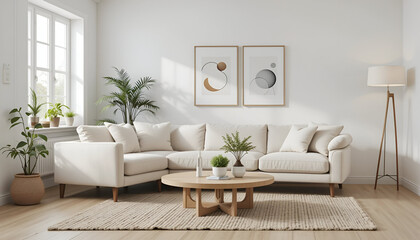 Bright modern living room interior with clean minimalist design and stylish furniture.