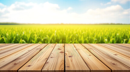 Empty wooden table in front of a blurred, vibrant green rice field under a bright sky. Ideal for product displays or nature-themed presentations.

