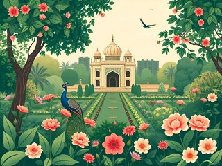 Mughal traditional garden with peacock, bird, flower and temple pattern illustration