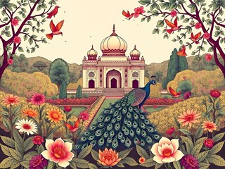 Mughal traditional garden with peacock, bird, flower and temple pattern illustration