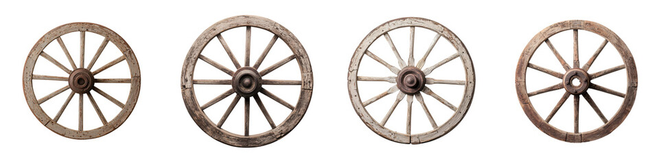 Close up view of antique weathered wooden wagon wheels in a pastoral rustic countryside setting  Vintage retro design elements with circular spokes and aged textured wooden rims
