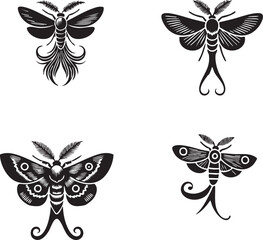 Fototapeta premium Elegant Silhouettes of the Long-tailed Moth Isolated on a White Background in Monochrome Art Style