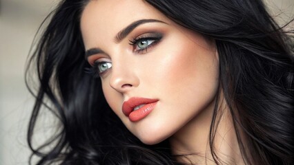 Fototapeta premium Portrait of a beautiful woman. Glamorous woman, model of female face. Young with makeup, bright lips. Attractive eye makeup, style of nice lady. Close-up of black hair, bright makeup. Advertisement.