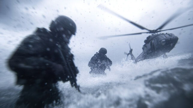 Soldiers in tactical gear wade through rough seas as helicopter hovers above, creating dramatic scene of military deployment amidst stormy weather