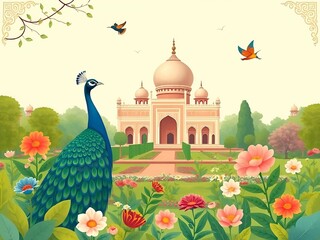 Mughal traditional garden with peacock, bird, flower and temple pattern illustration