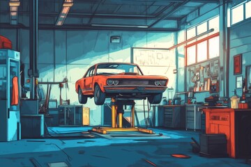 interior of auto repair workshop, auto repair shop with a car on lifting stands, Mechanic repairing Car