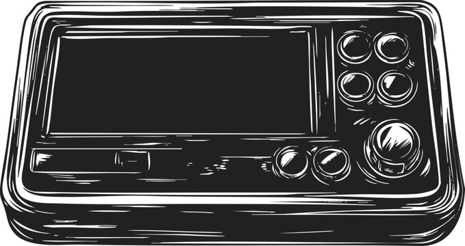 Black and white illustration of a retro handheld gaming console.
