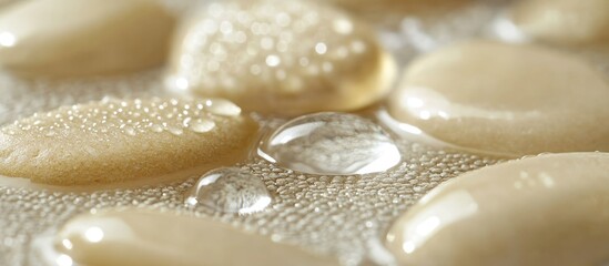 Close-up of smooth, wet stones with water droplets.