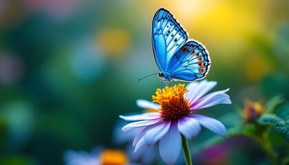Vibrant Blue Butterfly on a Multicolored Blossom