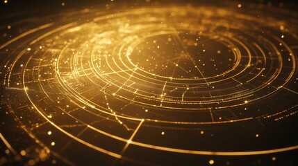 Obraz premium Golden Abstract Circular Network: Digital Art Visualization of a Futuristic Technological System