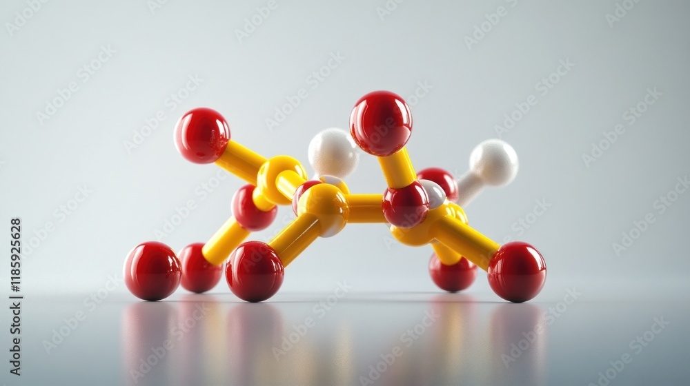 Poster 3d rendering of a colorful molecule model on a reflective surface.