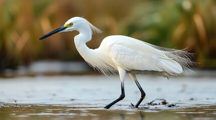 Egret searching for food in wetland conservation and sustainability.