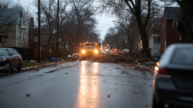 Clearing debris from storm affected street, garbage collector works diligently. scene captures aftermath of storm, showcasing fallen branches and dimly lit road - Powered by Adobe