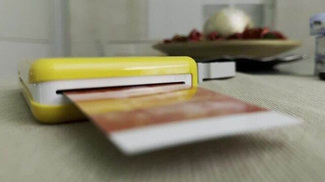 Yellow portable photo printer printing an image on a tabletop with soft focus