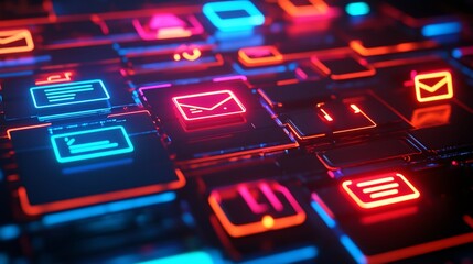Obraz premium Neon Digital Communication Interface: Abstract 3D Render of Glowing Email and Message Icons