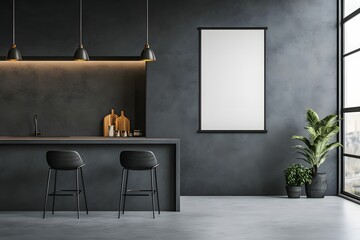 Dark kitchen, mock-up poster, city view, bar stools, interior design