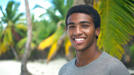 Young African American man smiling against tropical backdrop. Ideal for vacation happiness, beach lifestyle, and paradise vibes