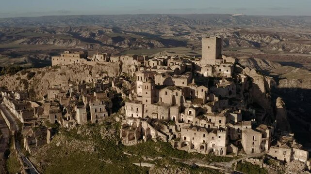 Aerial view of Craco the ghost town in Basilicata. Pisticci - Italy