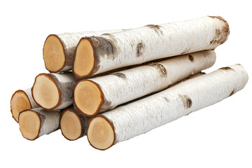 A small stack of neatly cut birch logs with smooth, pale white bark and contrasting dark knots, isolated on transparent background. 