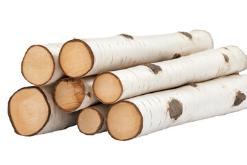A small stack of neatly cut birch logs with smooth, pale white bark and contrasting dark knots, isolated on transparent background. 