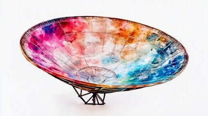 Artistic Watercolor Satellite Dish: A vibrant, colorful painting of a satellite dish, resembling a world map with watercolor clouds and a metallic stand.