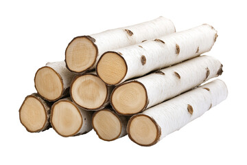 A small stack of neatly cut birch logs with smooth, pale white bark and contrasting dark knots, isolated on transparent background. 