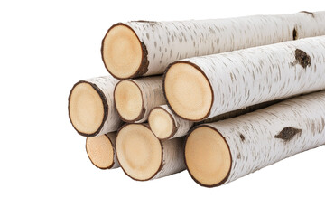A small stack of neatly cut birch logs with smooth, pale white bark and contrasting dark knots, isolated on transparent background. 