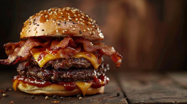 A large hamburger with bacon and cheese on it
