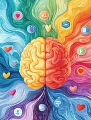 Fototapeta premium Colorful illustration of a brain with symbols representing emotions, technology, and creativity on either side.