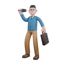 A male TV presenter stands carrying a bag work on his left hand,