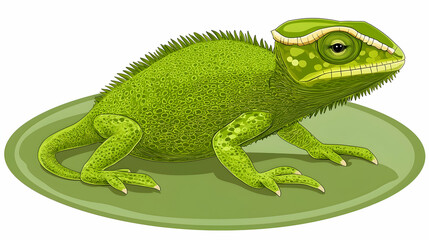 Fototapeta premium Green chameleon posing on leaf, isolated, digital illustration, vibrant color, nature background.