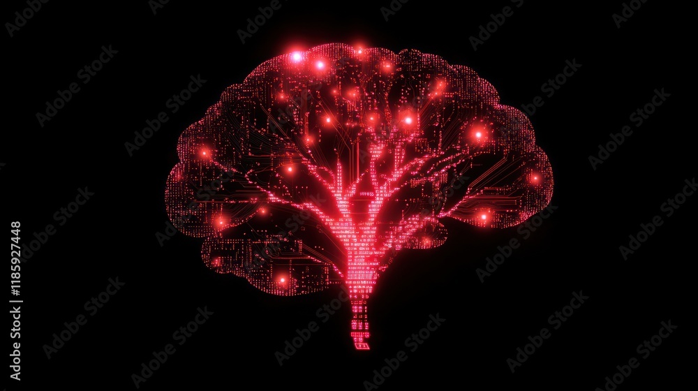 Poster glowing red digital brain with circuit lines.
