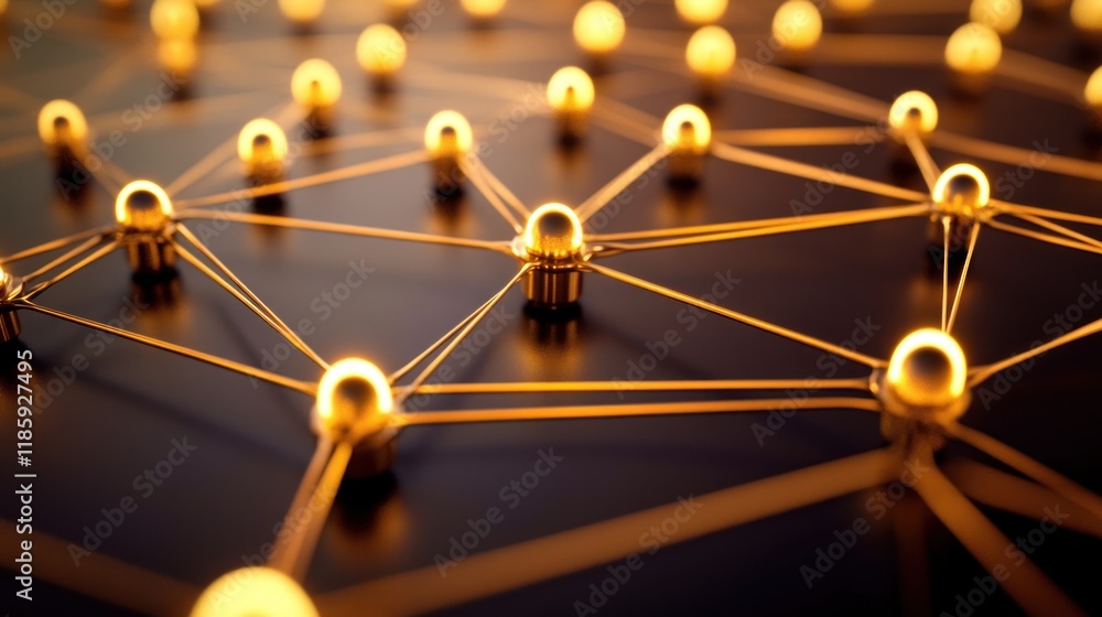 Poster illuminated network nodes connected by glowing lines on dark background.