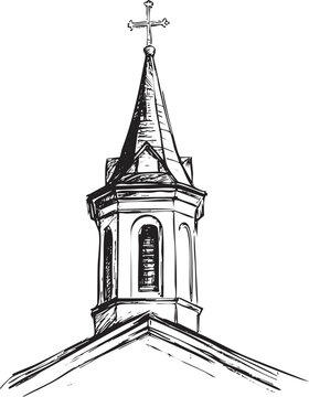 Illustrated church steeple with cross in black and white sketch style.