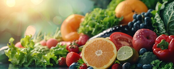 A variety of fruits and vegetables are displayed on a table