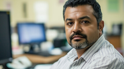 Obraz premium Professional Asian man with beard at computer workstation. Perfect for IT expertise, technology workplace, and digital professional
