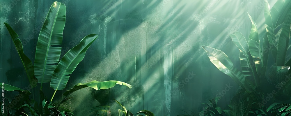Poster a lush green jungle with a tree in the foreground and a tree in the background