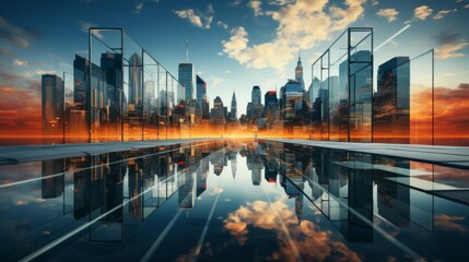 Fototapeta premium A city skyline is reflected in a body of water