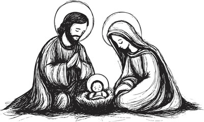Sketch illustration of the nativity scene with Jesus, Mary, and Joseph. © vadymstock