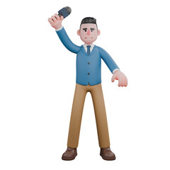 A male TV presenter stands with his legs open and holds a microphone with his right hand