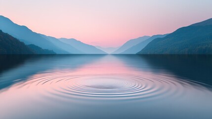 Serene lake reflecting pastel sunset mountains; ripples.